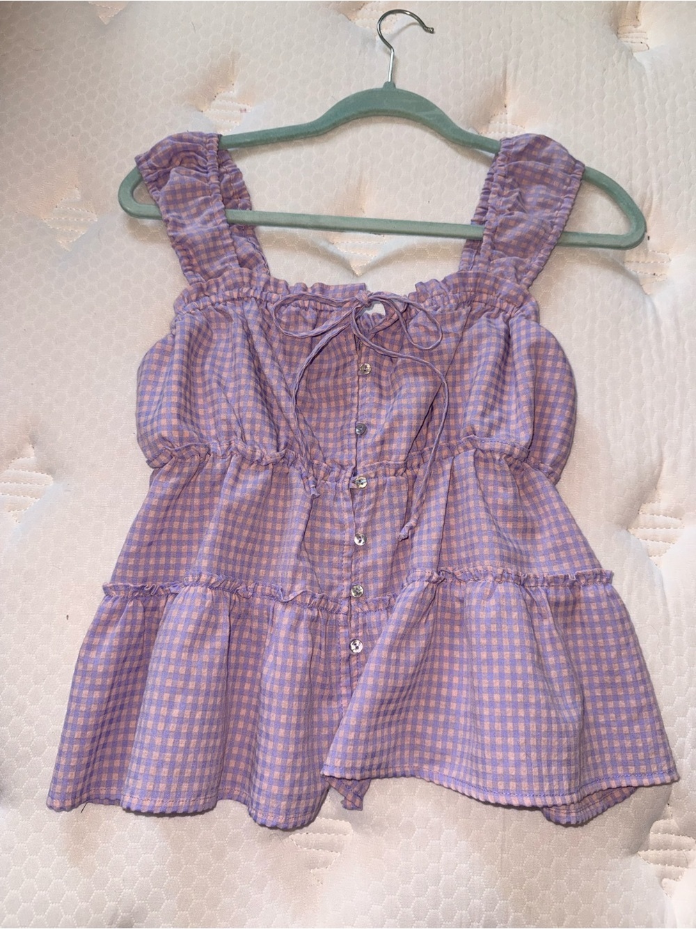 Rewind Lilac Gingham Ruffle Tie-Front Tank